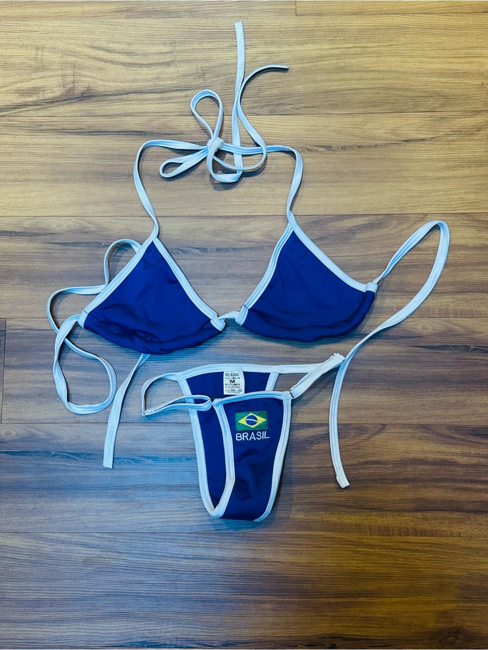 Brasil Blue Triangle Bikini Set with White Trim